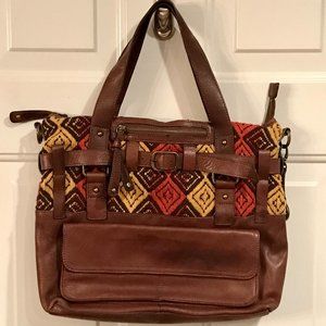AUDREY BROOKE Boho Woven Fabric And Brown Leather Zippered Tote Shoulder Bag